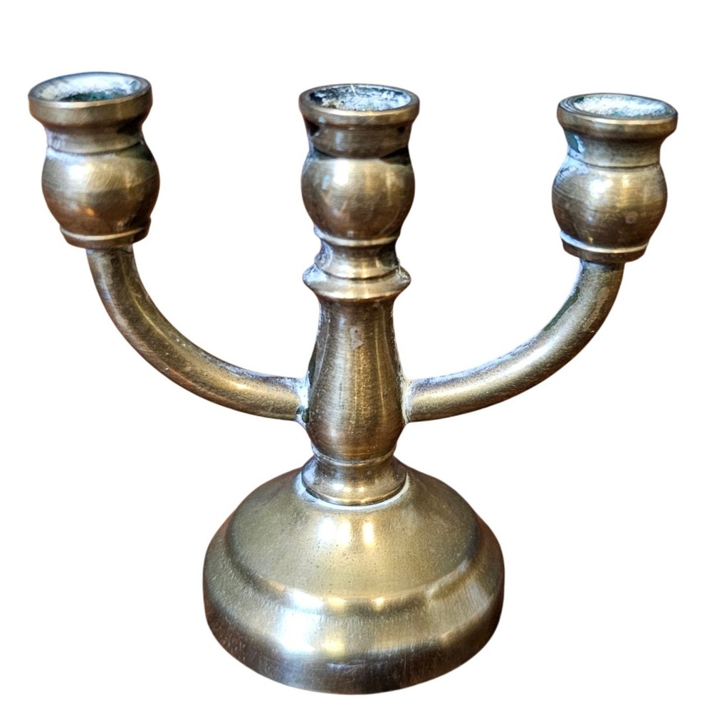Vintage Miniature Brass 3 Arm Candelabra Tiny Dollhouse Candle Holder 1.75 Inch